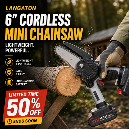 🌲🔋 50% KORTING! Zaag door 30cm dikke stammen met deze 6-inch mini-kettingzaag – 2 accu's, 2580W vermogen, borstelloze motor, automatische kettingsmering. Licht, sterk en snoerloos!